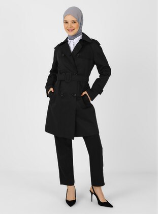 Black - Unlined - Point Collar - Trench Coat - Olcay