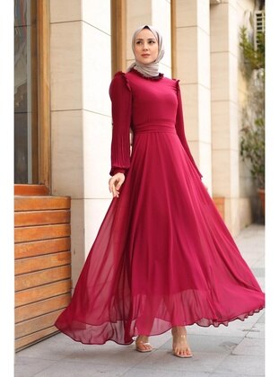 Burgundy - Modest Dress - Meqlife