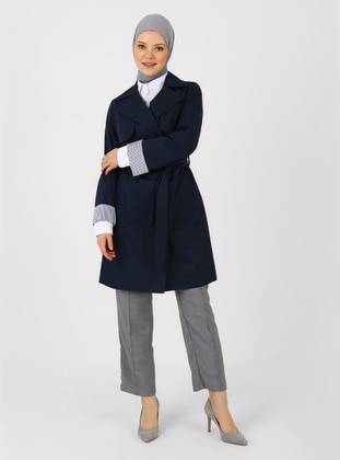 Navy Blue - Unlined - Point Collar - Trench Coat - Olcay