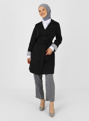 Black - Unlined - Point Collar - Trench Coat - Olcay
