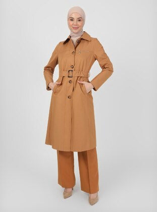 Brick Red - Fully Lined - Point Collar - Trench Coat - Olcay