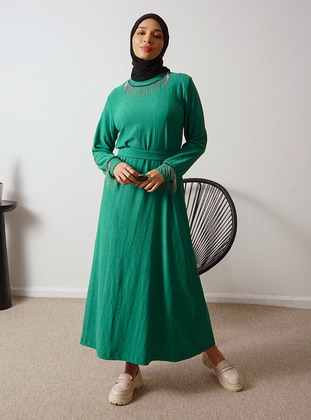 Green - Crew neck - Unlined - Modest Dress - Por La Cara
