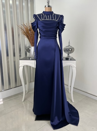 Navy Blue - Fully Lined - Crew neck - Modest Evening Dress - Rana Zenn