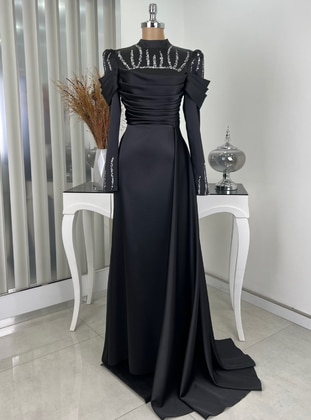Black - Fully Lined - Crew neck - Modest Evening Dress - Rana Zenn