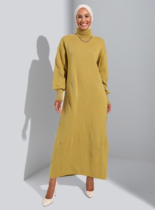 Olive Green - Unlined - Polo neck - Knit Dresses - Refka