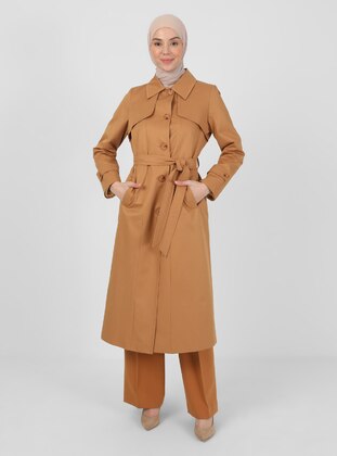 Brick Red - Fully Lined - Point Collar - Trench Coat - Olcay