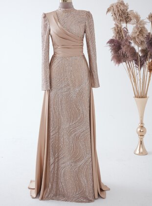 Gold color - Fully Lined - Crew neck - Modest Evening Dress - LARACHE