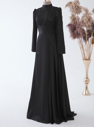 Black - Fully Lined - Crew neck - Modest Evening Dress - LARACHE