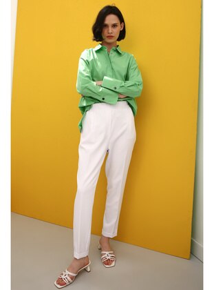 White Elastic Waist Pants With Pockets