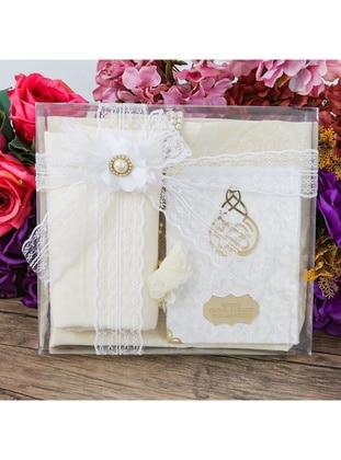 Cream - Gift Velvet Yasin Book, Prayer Mat, Shawl, Pearl Prayer Beads, Acetate Box - İkranur