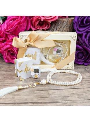 Gift Mini Quran & Luxury Stone Zikr Counter & Pearl With A Rosary Tasbih Gift Set - White