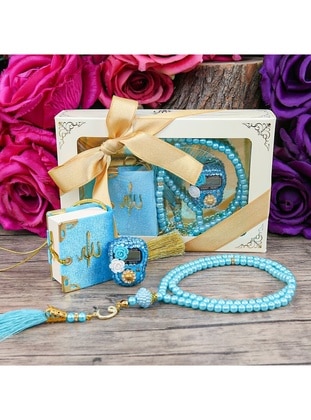 Gift Mini Quran & Luxury Stone Zikr Counter & Pearl With A Rosary Tasbih Gift Set - Blue