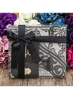 Gift Prayer Rug, Velvet Yasin, Pearl Rosary Tasbih, Islamic Set With Acetate Box (26×23) - Black