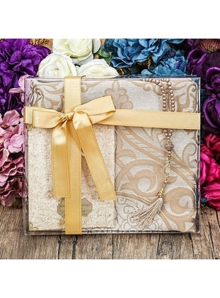Gift Prayer Rug, Velvet Yasin , Pearl Rosary Tasbih, Islamic Set With Acetate Box (26×23) - Mink