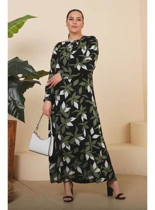 Khaki - Floral - Unlined - Plus Size Dress - Ferace