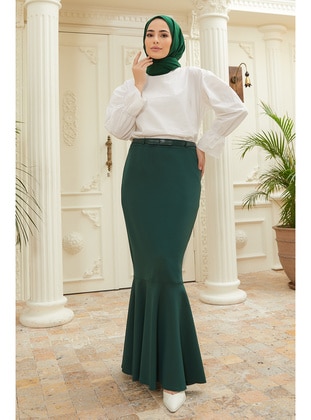 Flounced Belt Detailed Skirt Emerald