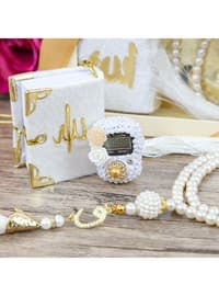 Gift Mini Quran & Luxury Stone Zikr Counter & Pearl With A Rosary Tasbih Gift Set - White