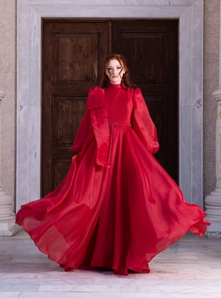 Red - Fully Lined -  - Modest Evening Dress - Nurgül Çakır