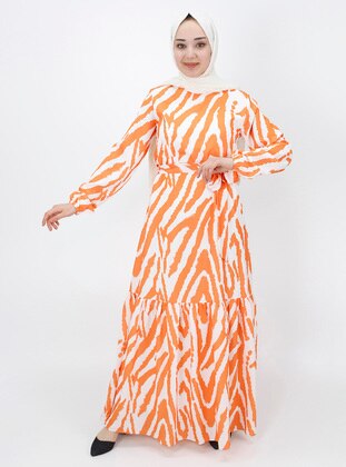 Orange - Multi -  - Fully Lined - Modest Dress - Armağan Butik