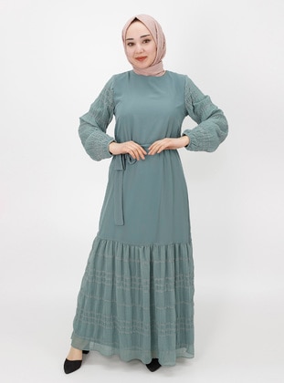 Green Almon - Multi -  - Fully Lined - Modest Dress - Armağan Butik