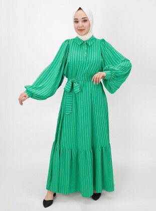 Green - Stripe -  - Unlined - Modest Dress - Armağan Butik