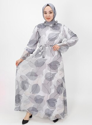 Grey - Multi -  - Fully Lined - Modest Dress - Armağan Butik