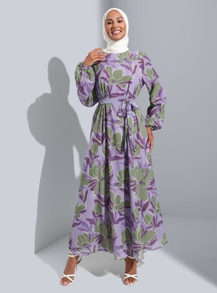Lilac - Multi - Crew neck - Fully Lined - Modest Dress - Refka