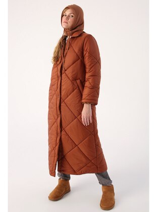Brown - Fully Lined - Cuban Collar - Puffer Jackets - ALLDAY