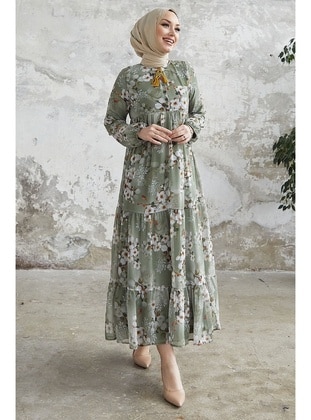 Khaki - Floral - Button Collar - Fully Lined - Modest Dress - InStyle