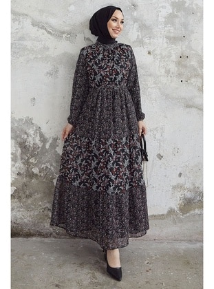Black - Floral - Mock-Turtleneck - Fully Lined - Modest Dress - InStyle