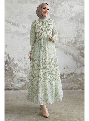 Green - Floral - Mock-Turtleneck - Fully Lined - Modest Dress - InStyle