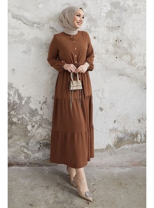 Brown - Button Collar - Modest Dress - InStyle