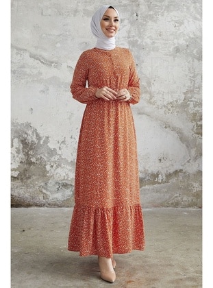 Brick Red - Button Collar - Modest Dress - InStyle