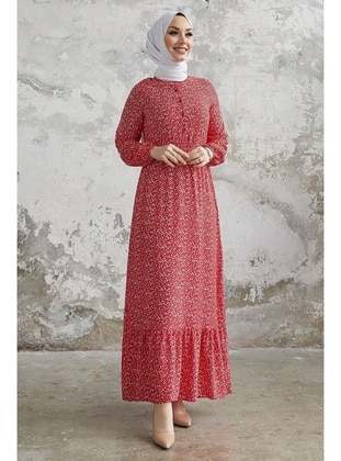 Red - Button Collar - Modest Dress - InStyle