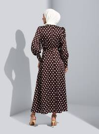 Brown - Polka Dot - Crew neck - Unlined - Modest Dress