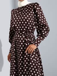 Brown - Polka Dot - Crew neck - Unlined - Modest Dress