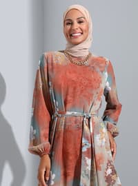 Fully Lined - Brown - Blue - Multi - Crew neck - Fully Lined - Modest Dress