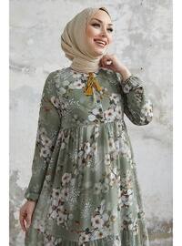 Khaki - Floral - Button Collar - Fully Lined - Modest Dress