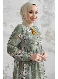 Khaki - Floral - Button Collar - Fully Lined - Modest Dress