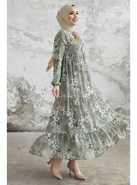 Khaki - Floral - Button Collar - Fully Lined - Modest Dress