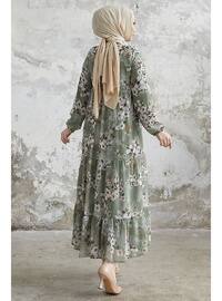 Khaki - Floral - Button Collar - Fully Lined - Modest Dress