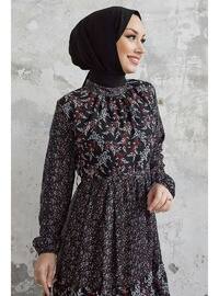 Black - Floral - Mock-Turtleneck - Fully Lined - Modest Dress