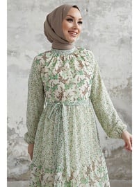 Green - Floral - Mock-Turtleneck - Fully Lined - Modest Dress