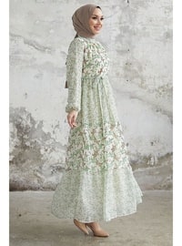 Green - Floral - Mock-Turtleneck - Fully Lined - Modest Dress