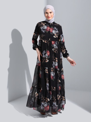 Black - Multi - Polo neck - Fully Lined - Modest Dress - Bürün