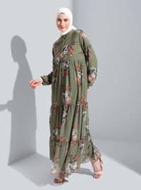 Khaki - Multi - Polo neck - Fully Lined - Modest Dress