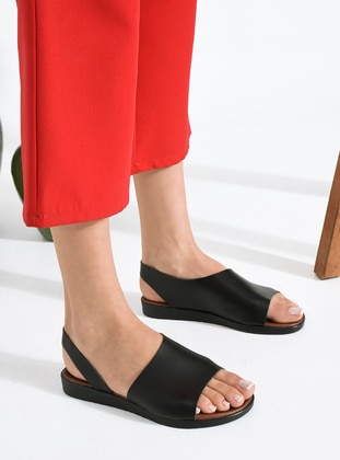 Black - Flat Sandals - Sandal - Faux Leather - Sandal - Pembe Potin