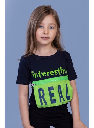 Printed - Crew neck - Unlined - Navy Blue - Girls` T-Shirt - Toontoy
