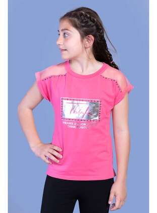 Printed - Crew neck - Unlined - Fuchsia - Girls` T-Shirt - Toontoy