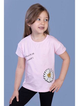 Printed - Crew neck - Unlined - Pink - Girls` T-Shirt - Toontoy